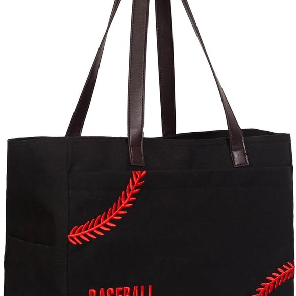 Baseball Mom Canvas Tote Large Shoulder Bag Sports Gift with Pockets - Picture 1 of 7